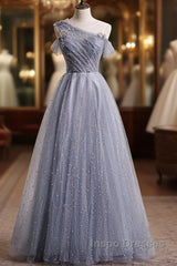 Gray One Shoulder Tulle Long Evening Prom Dress Gray Tulle Evening Dress