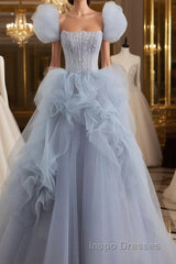 Gray tulle beads long Evening Prom Dress, gray tulle formal Dress