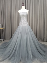 Gray Tulle Beads Long Prom Dress Gray Tulle Formal Evening Graduation Dresses