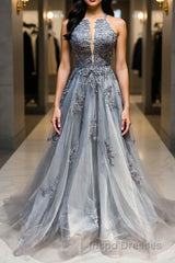 Gray tulle lace long Evening Prom Dress gray tulle lace formal Dress