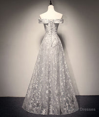 Gray tulle lace long prom dress, lace tulle bridesmaid dress