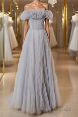 Gray tulle sequin long Evening Prom Dress, gray tulle formal Dress