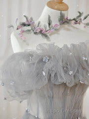 Gray tulle sequin long Evening Prom Dress, gray tulle formal Dress