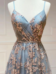 Gray Tulle Sequins Long Prom Dresses, A-Line Spaghetti Straps Formal Dresses