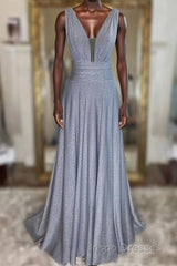 Gray v neck tulle sequin long Evening Prom Dress, gray evening Dress