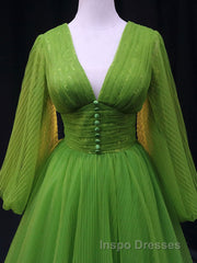 Green A Line Long Evening Prom Dress, V Neck Green Tulle Long Formal Evening Dress