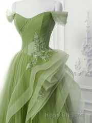 Green A-Line Off Shoulder Long Evening Prom Dress Lace Long Evening Prom Dress