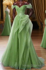 Green A-Line Off Shoulder Long Evening Prom Dress Lace Long Evening Prom Dress