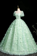 Green A-Line Tulle Beaded Sequin Long Evening Prom Dress, Beautiful 3D Butterfly Evening Dress