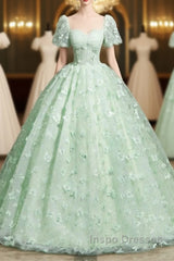 Green A-Line Tulle Beaded Sequin Long Evening Prom Dress, Beautiful 3D Butterfly Evening Dress