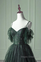 Green Gradient Tulle A-Line Long Formal Dress, Green Beaded Straps Party Dress Evening Prom Dress