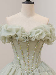 Green Long Prom Dress, Green Tulle Formal Sweet 16 Dress with Beading