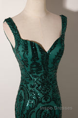 Green Mermaid Long Straps Sequins Long Evening Prom Dress, Green Mermaid Evening Dress