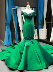 Green Mermaid Satin Off the Shoulder Appliques Prom Dress With Train
