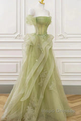 Green Off Shoulder Lace Long Evening Prom Dress, Green Formal Dress