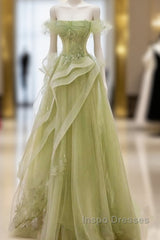 Green Off Shoulder Lace Long Evening Prom Dress, Green Formal Dress