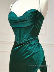 Green Satin Long Mermaid Slit Evening Prom Dress