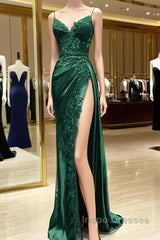 Green Satin With Lace Straps Long Evening Dress Evening Prom Dress, Green Satin Party Dres