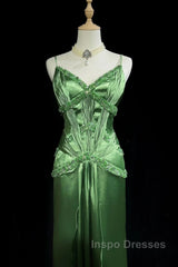 Green Spaghetti Strap Sheath Satin Beaded Evening Prom Dress Evening Gown