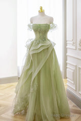 Green Strapless Prom Dress Off the Shoulder A Line Lace Printed Dress