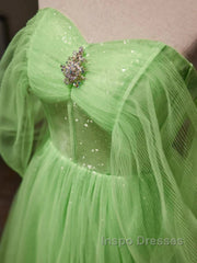 Green Tulle Beading Off Shoulder Sparkle Evening Prom Dress