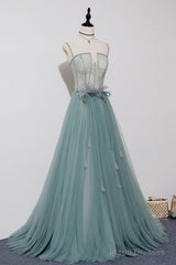 Green Tulle Lace Long A-Line Prom Dress, Spaghetti Strap Evening Dress
