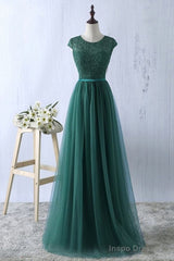 Green tulle lace top round neck long evening dresses ,simple formal dress