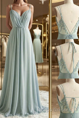 Green V Neck Chiffon Evening Prom Dress with Lace Back, Green V Neck Long Formal Evening Dress