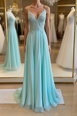Green v neck lace chiffon long Evening Prom Dress, lace evening Dress
