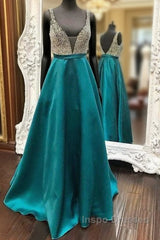 Green V Neck Sequin Long Evening Prom Dress, Green Evening Dress