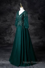 Green V-Neck Tulle Beads Long Evening Prom Dress, Elegant Long Sleeve Evening Party Dress