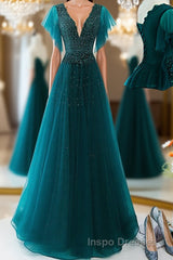 Green v neck tulle beads long Evening Prom Dress, green tulle formal Dress