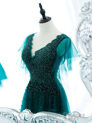 Green v neck tulle beads long Evening Prom Dress, green tulle formal Dress