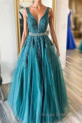 Green v neck tulle lace long Evening Prom Dress, green formal Dress