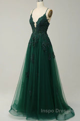 Green V-Neckline Tulle With Lace Cross Back, Green Tulle Evening Prom Dress
