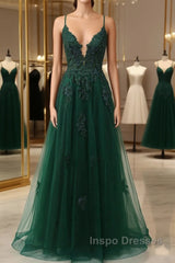 Green V-Neckline Tulle With Lace Cross Back, Green Tulle Evening Prom Dress
