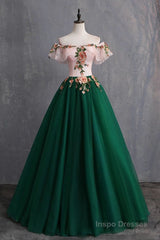 Green Off the Shoulder Floor Length Prom Dress with Appliques, Puffy Quinceanera Dress