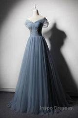 Grey-Blue Tulle Off Shoulder Beaded Long Evening Prom Dress Party Dress, Long Evening Gowns