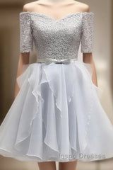 Grey Lace And Organza Homecoming Dress, Lovely Homecoming Dress , Short Evening Prom Dress