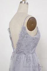 Spaghetti Straps Long Lace Evening Prom Gown, A Line V Neck Sleeveless Formal Dress