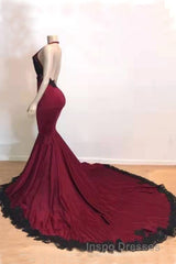 Burgundy Halter Deep V Neck Mermaid Evening Prom Dress with Lace, Long Evening Prom Gown