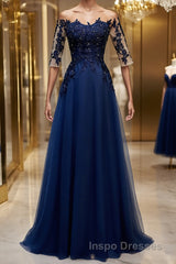 Half Sleeves Navy Blue Long Lace Evening Prom Dress, Dark Navy Blue Long Lace Formal Bridesmaid Dress