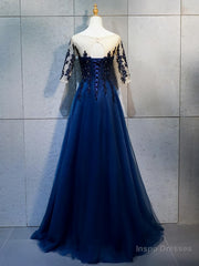 Half Sleeves Navy Blue Long Lace Prom Dresses, Dark Navy Blue Long Lace Formal Bridesmaid Dresses