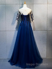 Half Sleeves Navy Blue Long Lace Evening Prom Dress, Dark Navy Blue Long Lace Formal Bridesmaid Dress