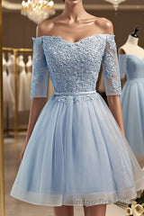 Half Sleeves Short Lace Evening Prom Dress, Short Lace Homecoming Bridesmaid Dress