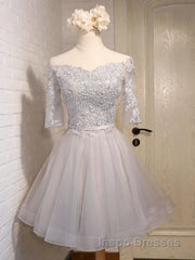 Half Sleeves Short Lace Evening Prom Dress, Short Lace Homecoming Bridesmaid Dress