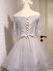Half Sleeves Short Lace Evening Prom Dress, Short Lace Homecoming Bridesmaid Dress