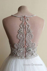 Halter Illusion neck High split A line Tulle Princess Wedding Dress