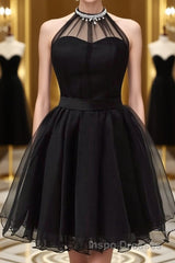 Halter Neck Backless Black Short Evening Prom Dress, Open Back Black Homecoming Dress