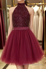 Halter Neck Open Back Beaded Burgundy Evening Prom Dress, Backless Burgundy Homecoming Dress, Short Burgundy Formal Evening Dress